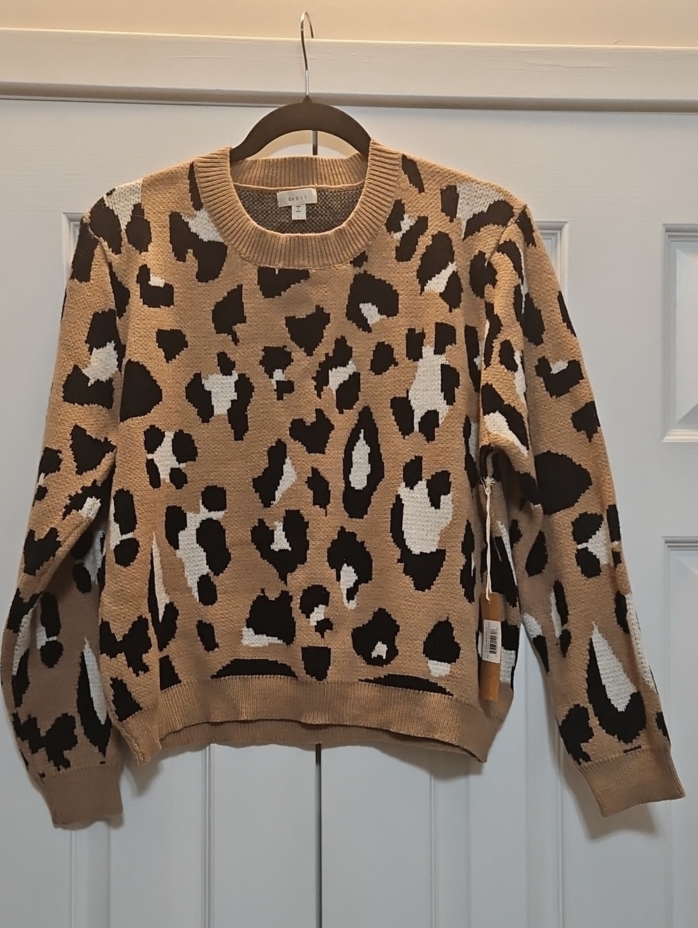 Debut Leopard Crewneck Sweater - Tan, Black, White Womens L NEW